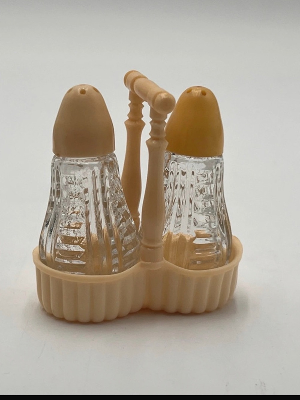 Vintage Lapin glass, miniature salt and pepper shaker set with a plastic caddy